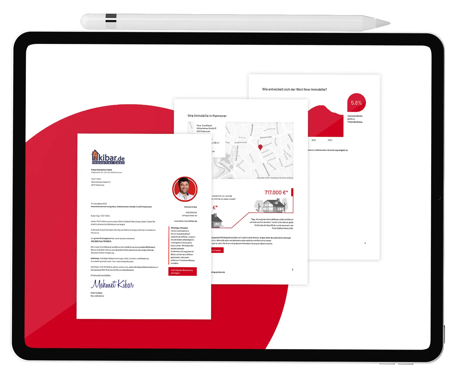 Tablet und Stylus mit Visualisierung von Papieren von Kibar Immobilien für eine erfolgreiche Immobilienbewertung